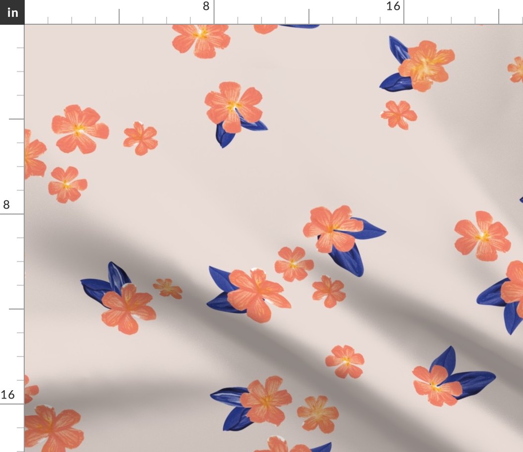Little watercolor painted flowers tropical hibiscus blossom garden and petals summer design peach orange navy blue on blush beige JUMBO