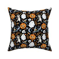 Medium Scale Halloween Jackolanterns Ghosts Witch Hats and Mummies Floral on Black