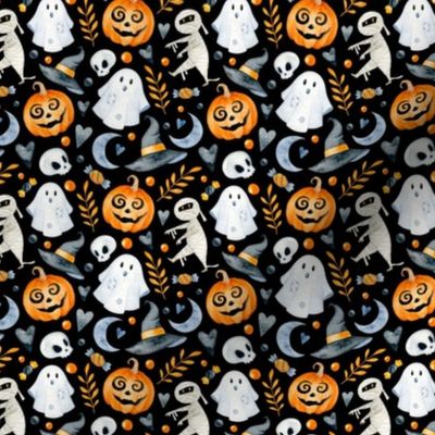 Small Scale Halloween Jackolanterns Ghosts Witch Hats and Mummies Floral on Black