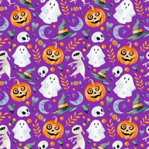 Medium Scale Halloween Pumpkin Jackolanterns Ghosts Witch Hats and Mummies Floral on Purple