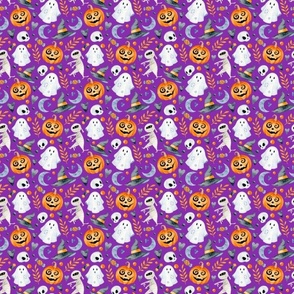 Small Scale Halloween Pumpkin Jackolanterns Ghosts Witch Hats and Mummies Floral on Purple