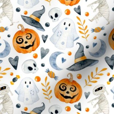 Medium Scale Halloween Jackolanterns Ghosts Witch Hats and Mummies Floral on White
