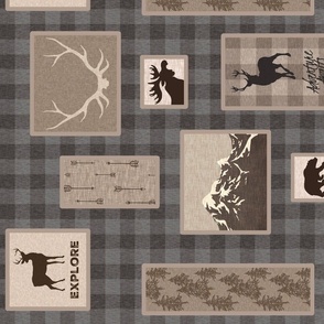 Woodland collage on plaid - brown/grey