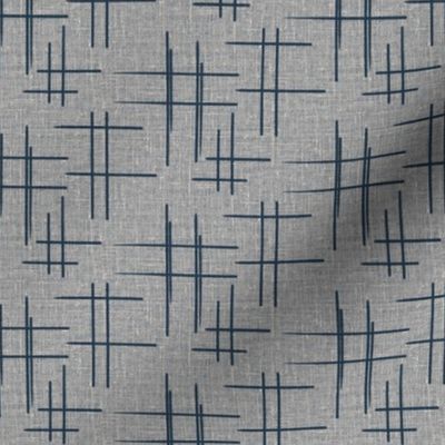 textured cross hatch // navy blue on grey linen 