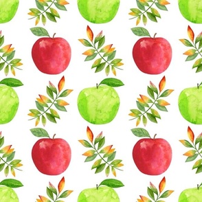 Large Scale Green and Red Apples and Fall Leaves on White