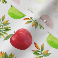 Medium Scale Green and Red Apples and Fall Leaves on White