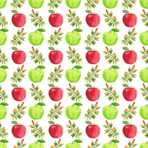 Medium Scale Green and Red Apples and Fall Leaves on White