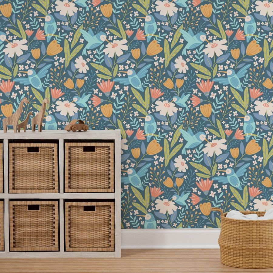 Hummingbird Foral-Blue Green Wallpaper | Spoonflower