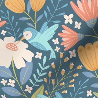 Hummingbird Foral-Blue Green