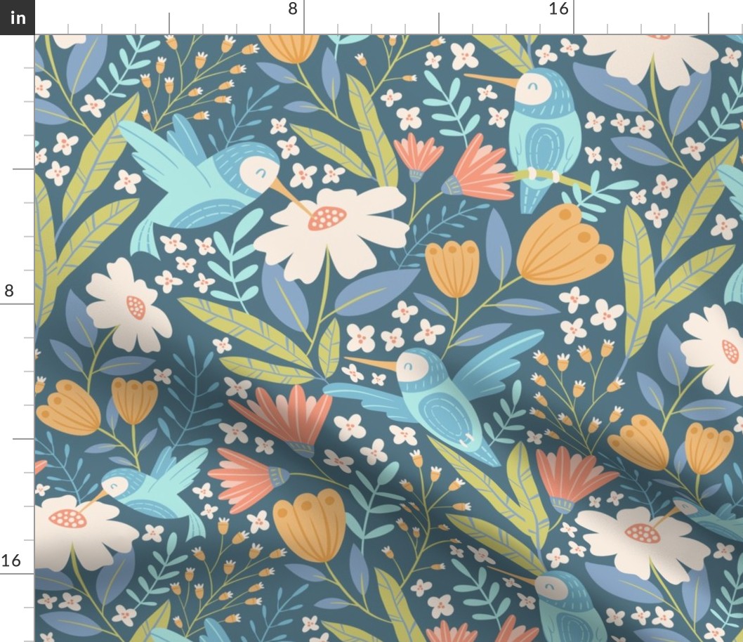 Hummingbird Foral-Blue Green