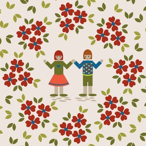 Folk Art Children Playmat - red and blue flowers with two children holding hands in friendship, scaled to print as playmat on 1 yard of Signature Petal Cotton, great for lap quilt, wall hanging, cot quilt.  Large Scale Floral Leaves