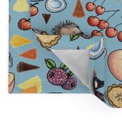 the pie guy, stone fruit, medium large scale, red orange yellow green blue indigo violet black and white, kitchen wallpaper tea towel men masculine dessert funny Fathers Day foodies baking chef baker