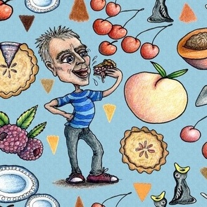 the pie guy, stone fruit, medium large scale, red orange yellow green blue indigo violet black and white, kitchen wallpaper tea towel men masculine dessert funny Fathers Day foodies baking chef baker