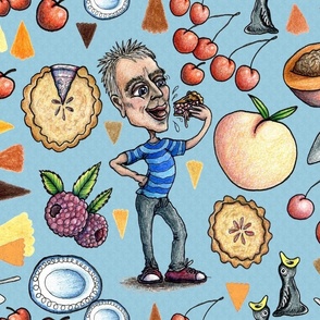 the pie guy, stone fruit, jumbo large scale, red orange yellow green blue indigo violet black and white, kitchen wallpaper tea towel men masculine dessert funny Fathers Day foodies baking chef baker