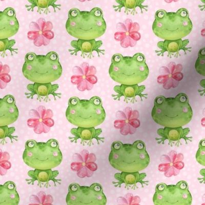 Medium Scale Frogs and Pink Flowers on Pink