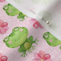 Medium Scale Frogs and Pink Flowers on Pink