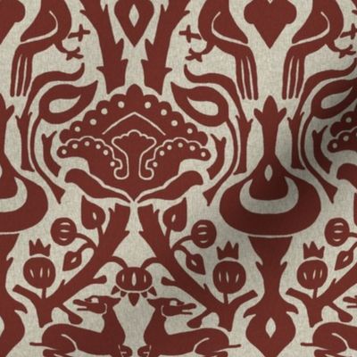 1880s "medieval" damask, cranberry red