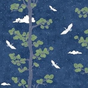 Forest Fabric, Crane Pattern on Denim Blue (small scale) | Bird fabric, tree fabric, night sky, crane print, nature fabric with lucky eastern symbolism: pine trees, cranes and clouds.