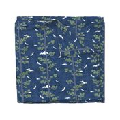 Forest Fabric, Crane Pattern on Denim Blue (medium scale) | Bird fabric, tree fabric, night sky, crane print, nature fabric with lucky eastern symbolism: pine trees, cranes and clouds.