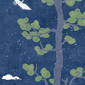 Forest Fabric, Crane Pattern on Denim Blue (large scale) | Bird fabric, tree fabric, night sky, crane print, nature fabric with lucky eastern symbolism: pine trees, cranes and clouds.