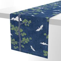 Forest Fabric, Crane Pattern on Denim Blue (xl scale) | Bird fabric, tree fabric, night sky, crane print, nature fabric with lucky eastern symbolism: pine trees, cranes and clouds.