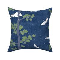 Forest Fabric, Crane Pattern on Denim Blue (xl scale) | Bird fabric, tree fabric, night sky, crane print, nature fabric with lucky eastern symbolism: pine trees, cranes and clouds.