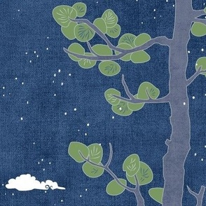 Forest Fabric, Crane Pattern on Denim Blue (xl scale) | Bird fabric, tree fabric, night sky, crane print, nature fabric with lucky eastern symbolism: pine trees, cranes and clouds.