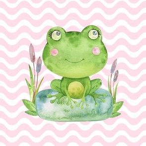 18x18 Panel Friendly Green Frog on Pink and White Wavy Stripes for DIY Lovey Pillow or Cut and Sew Stuffie Toy