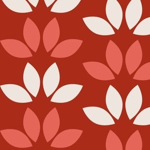 Large jumbo scale Folk Art leaves white and red for modern geometric projects, kids apparel, childrens' decor, bold and jazzy wallpaper and bed linen Mid Century Scandi inspired Mod Leaves in Bold Red and Off White: suitable for home decor items, accessor