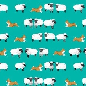 corgis herding sheep fabric - farming fabric, corgi fabric - turquoise