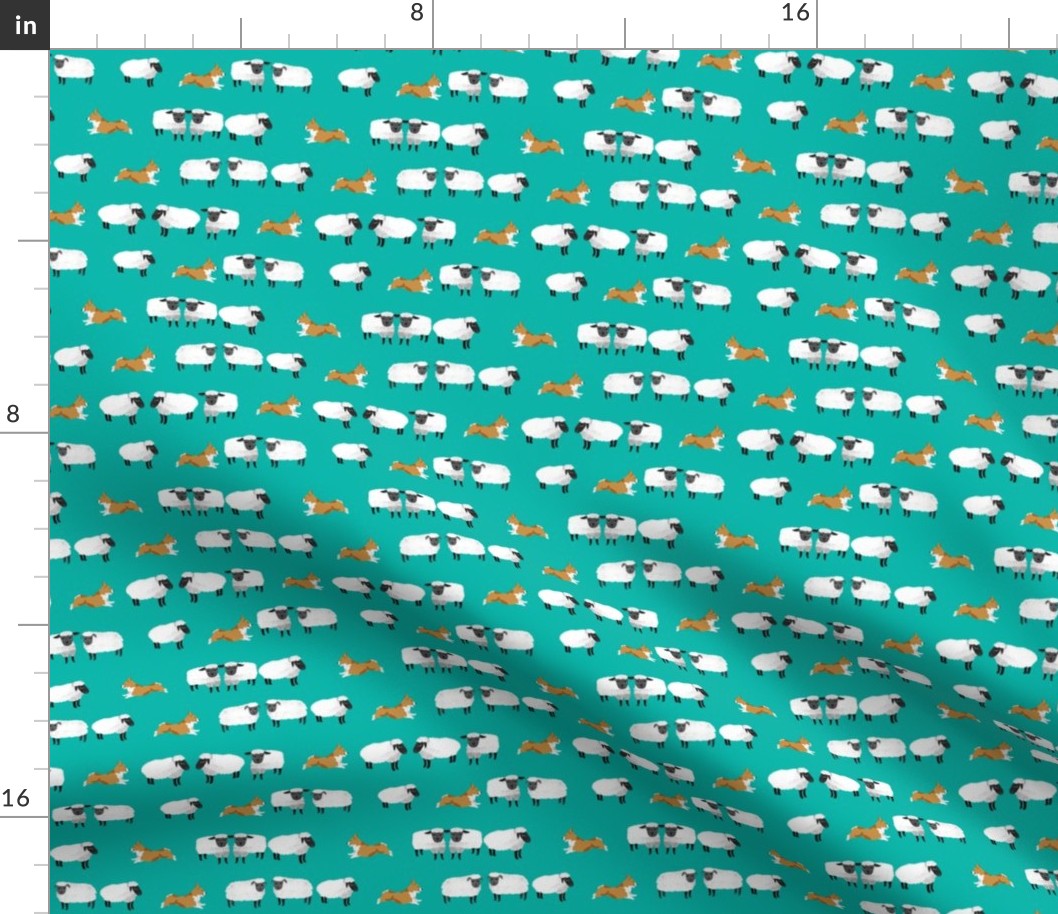 corgis herding sheep fabric - farming fabric, corgi fabric - turquoise