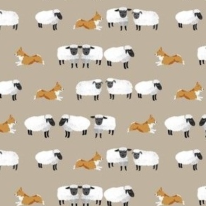 corgis herding sheep fabric - farming fabric, corgi fabric -taupe