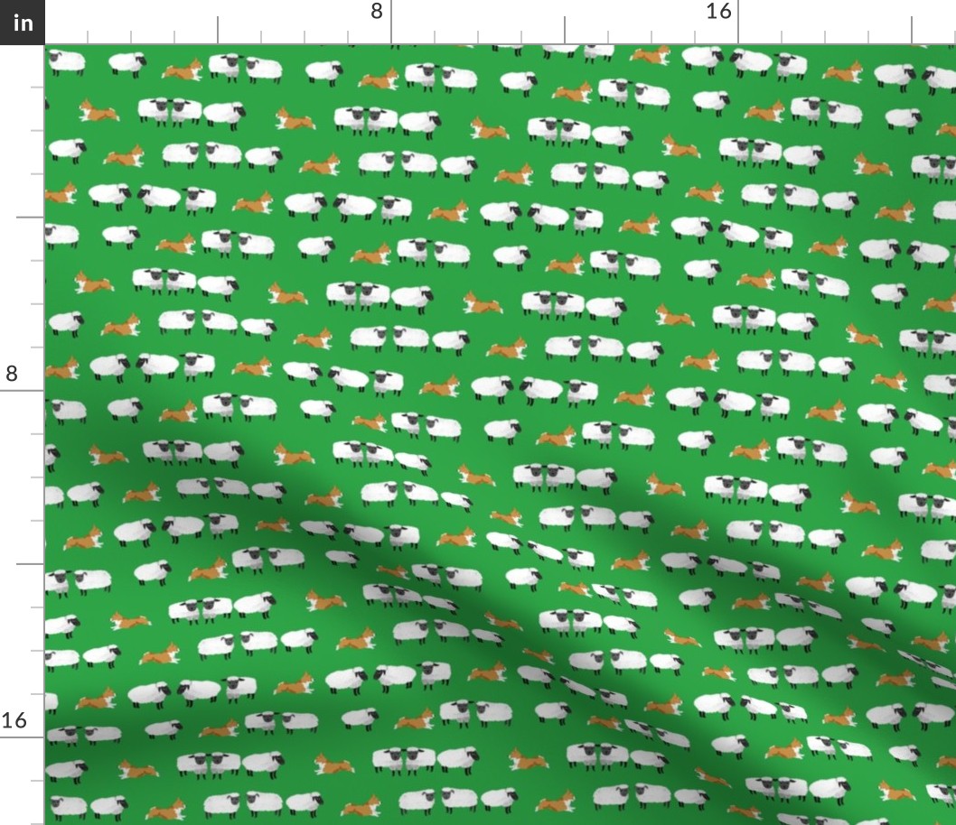 corgis herding sheep fabric - farming fabric, corgi fabric -bright green