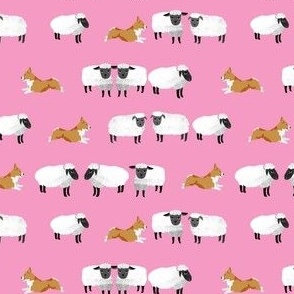 corgis herding sheep fabric - farming fabric, corgi fabric -pink