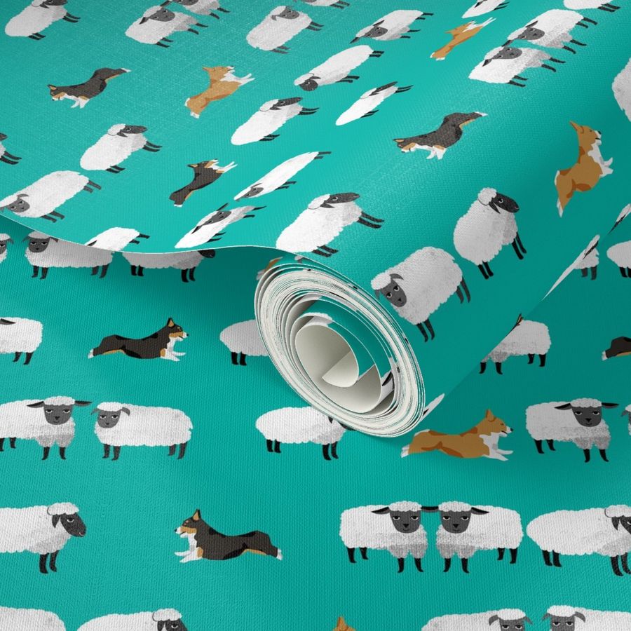 corgis herding sheep fabric - farming fabric, corgi fabric - turquoise