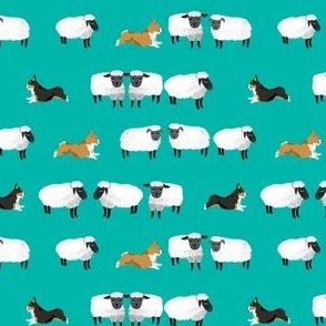 corgis herding sheep fabric - farming fabric, corgi fabric - turquoise