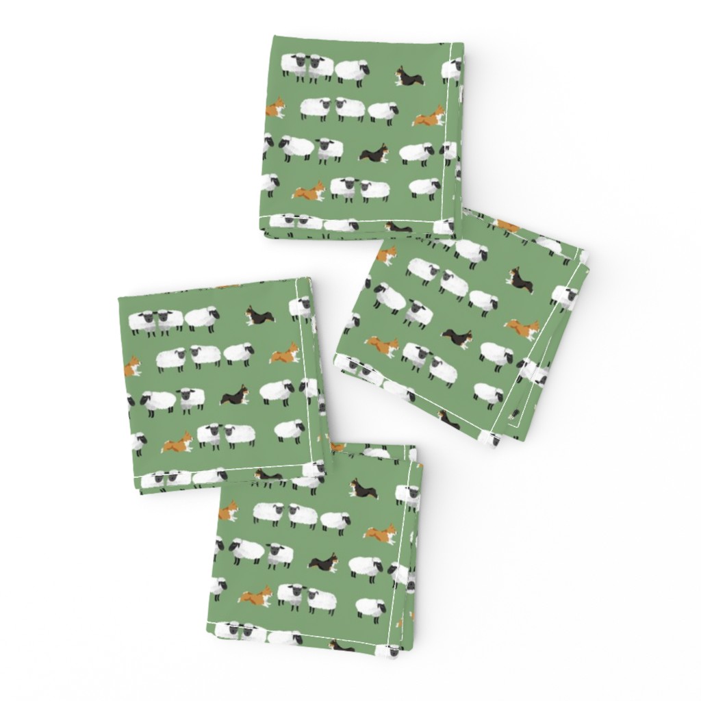 corgis herding sheep fabric - farming fabric, corgi fabric -green