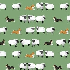 corgis herding sheep fabric - farming fabric, corgi fabric -green