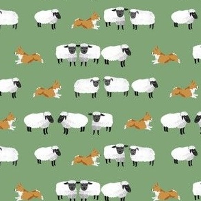 corgis herding sheep fabric - farming fabric, corgi fabric -green