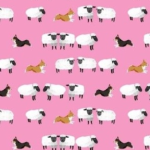 corgis herding sheep fabric - farming fabric, corgi fabric -pink