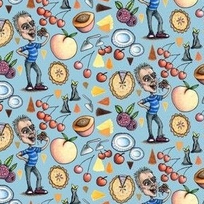the pie guy, stone fruit, small scale, red orange yellow green blue indigo violet black and white, kitchen wallpaper tea towel men masculine dessert funny Fathers Day foodies baking chef baker