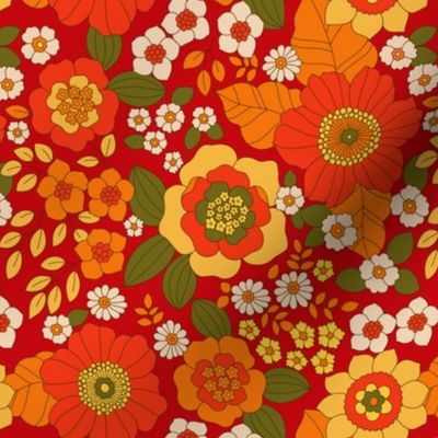 small // Groovy retro floral in bright red 