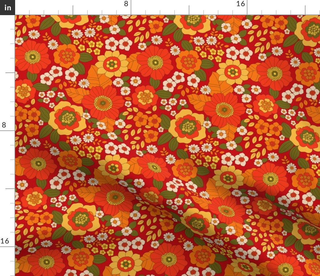 small // Groovy retro floral in bright red 