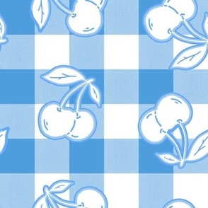 Vintage Summer Blue and White Cherries on Gingham Check