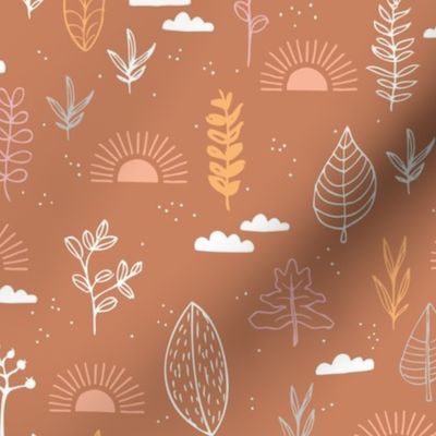 Fall leaves and petal garden sunrise autumn day earth boho design moody coral sienna orange pink