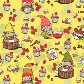 Strawberry Cupcake Baking Gnomes on Yellow