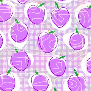  Plum-y Plum! Light -- 80s Kitsch Purple Plums over Purple Gingham -- 43.35in x 36.06in repeat -- 235dpi (64% of Full Scale)