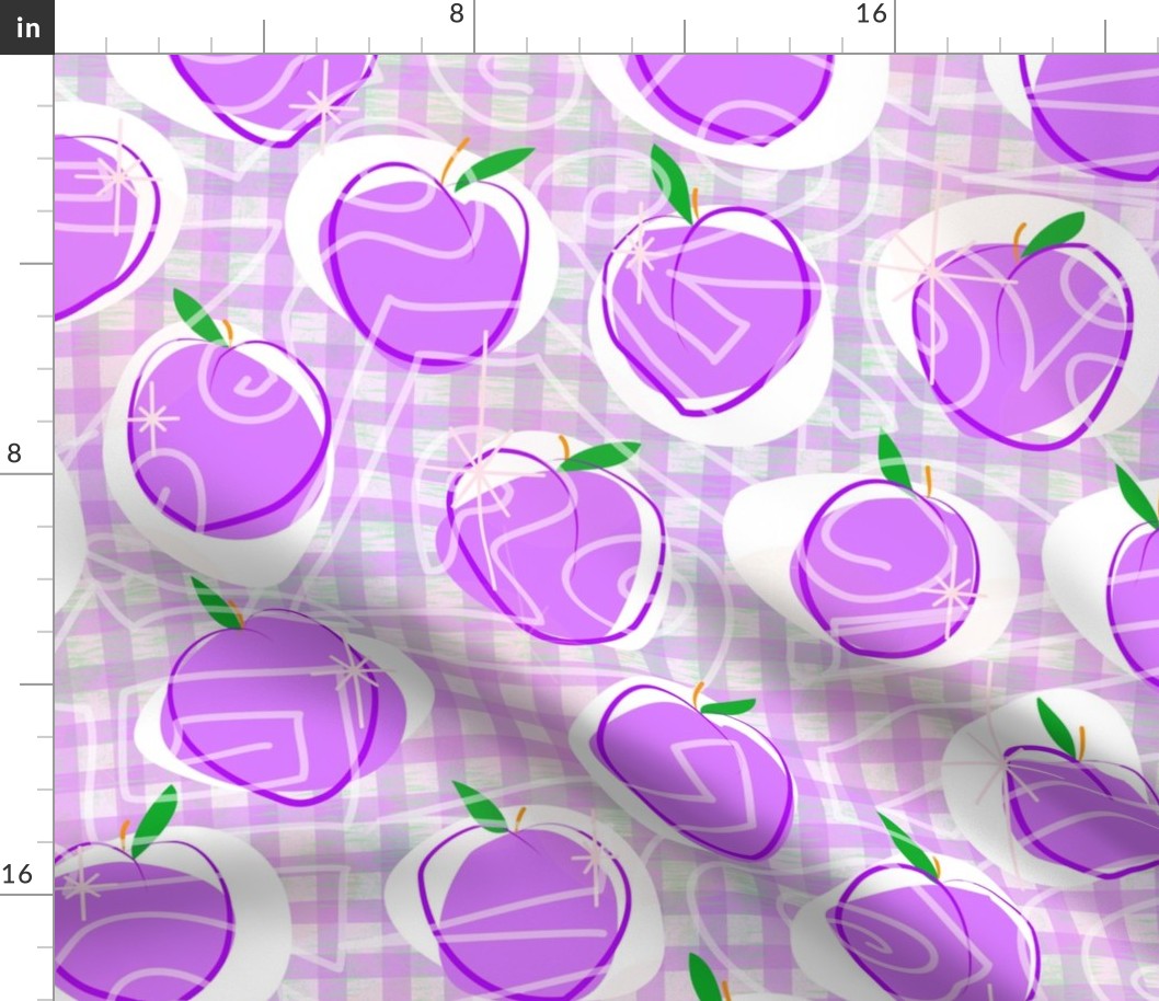 Plum-y Plum! Light -- 80s Kitsch Purple Plums over Purple Gingham -- 43.35in x 36.06in repeat -- 235dpi (64% of Full Scale)
