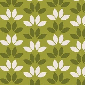 Medium scale Folk Art Stylized Leave in Olive Green tones, for scandi geometric  apparel, wallpaper, home furnishings and soft accessories