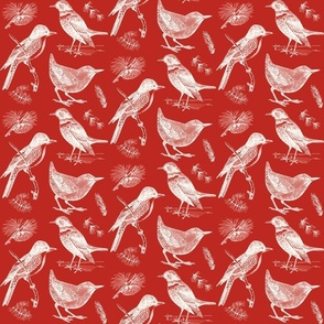 Red Toile with birds and pine needles